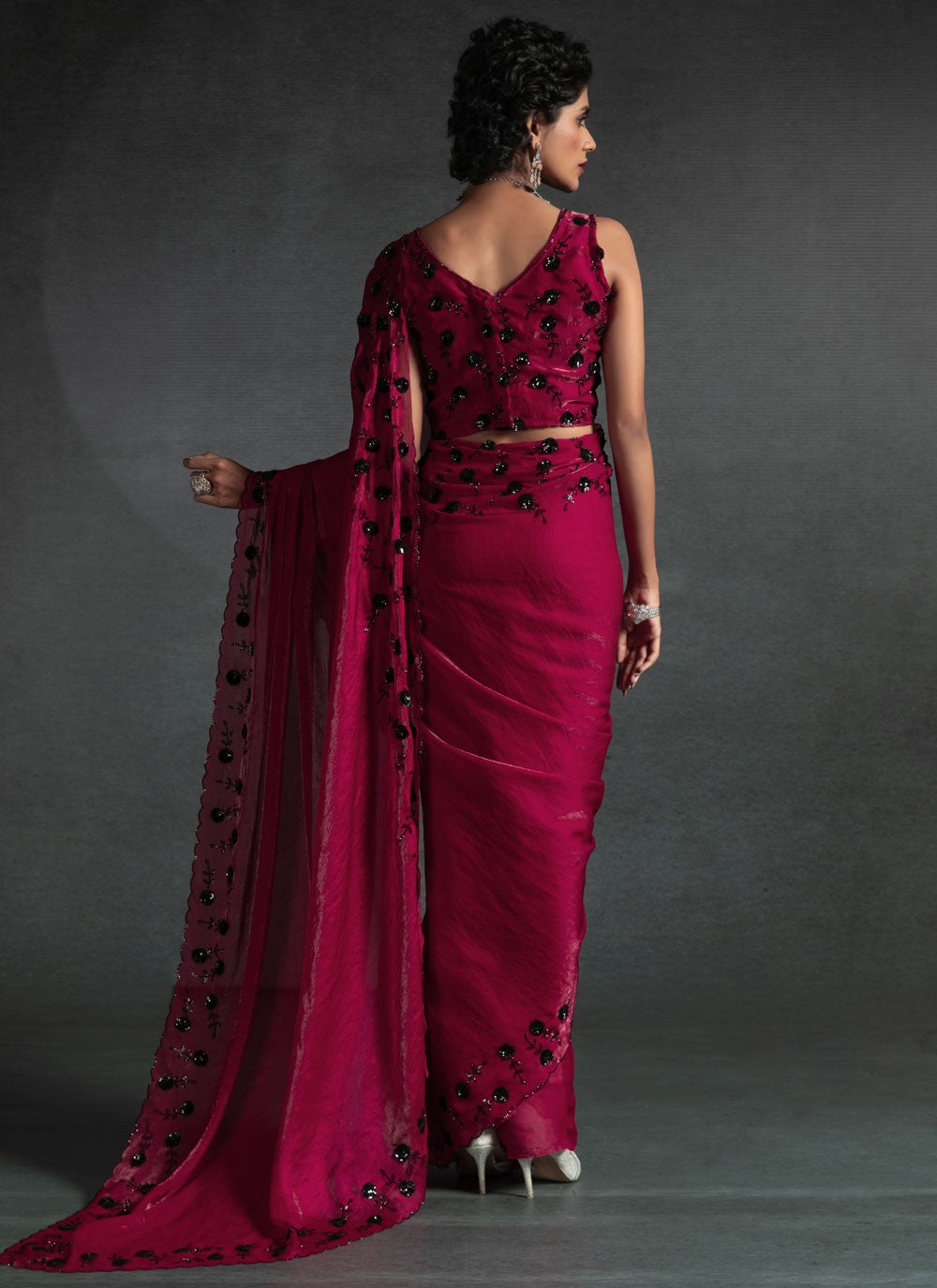 Cut Work Satin Silk Hot Pink Traditional Saree S14880