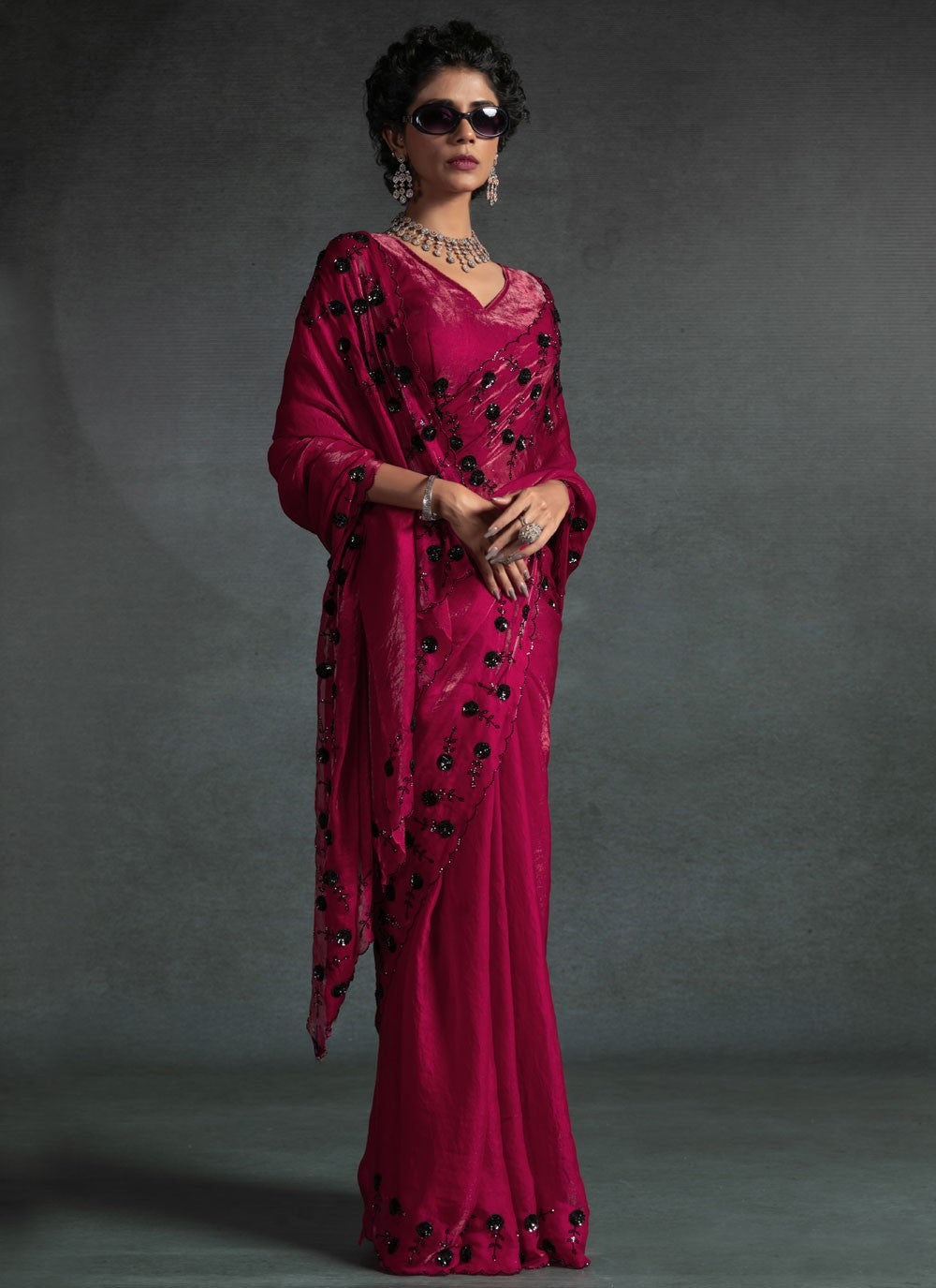 Cut Work Satin Silk Hot Pink Traditional Saree S14880