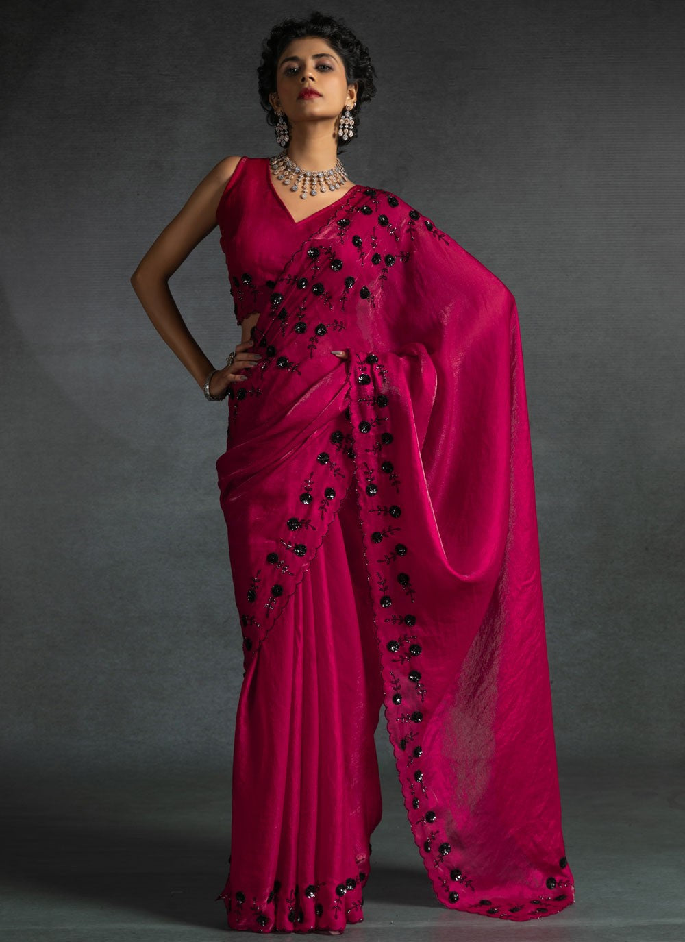 Cut Work Satin Silk Hot Pink Traditional Saree S14880