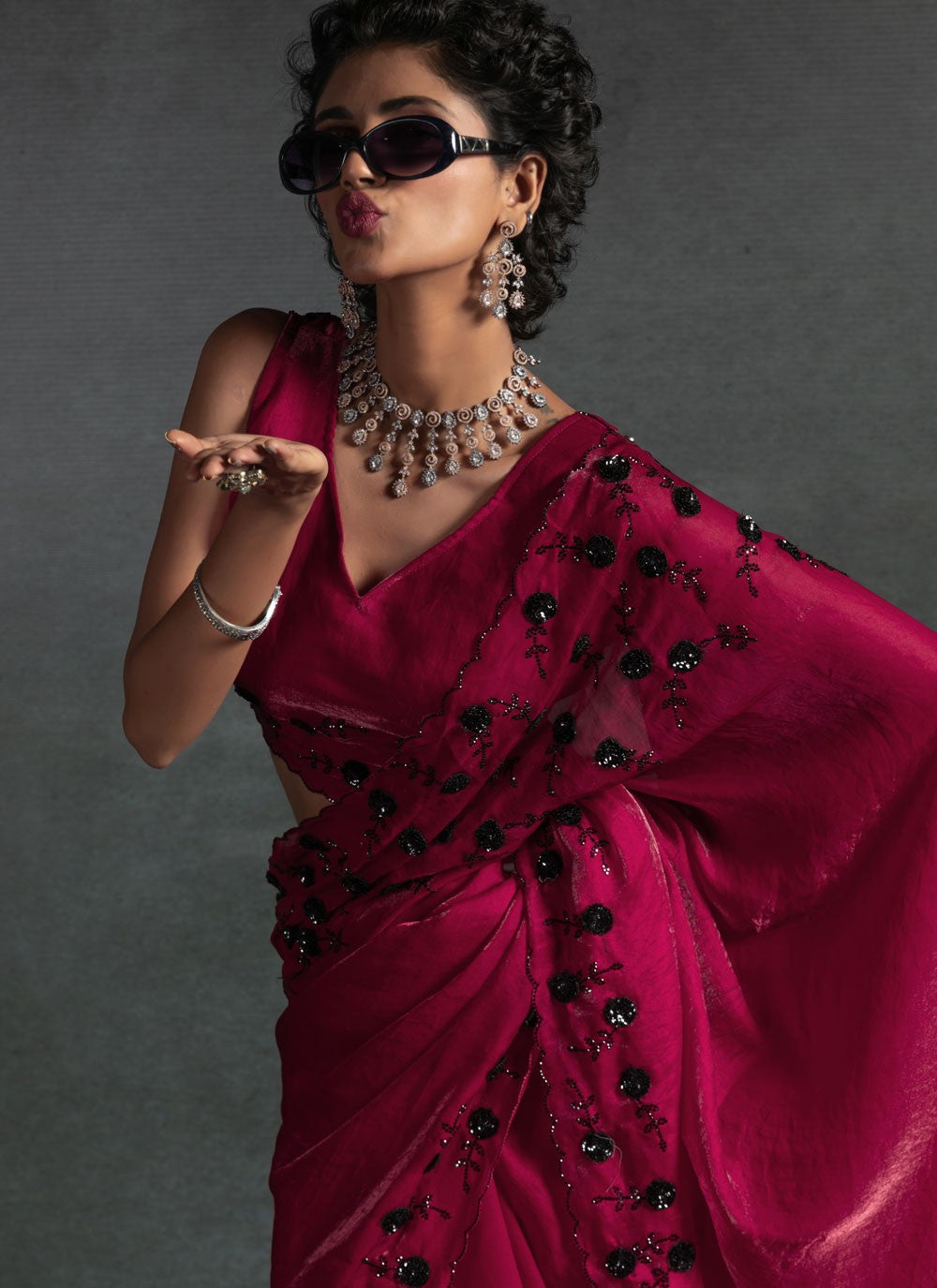 Cut Work Satin Silk Hot Pink Traditional Saree S14880