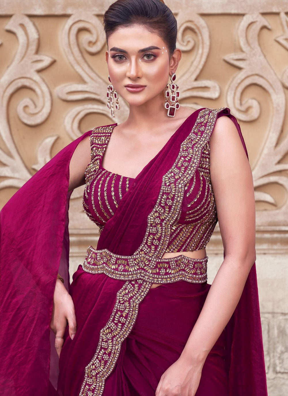 Fancy Work Satin Silk Hot Pink Saree S14518