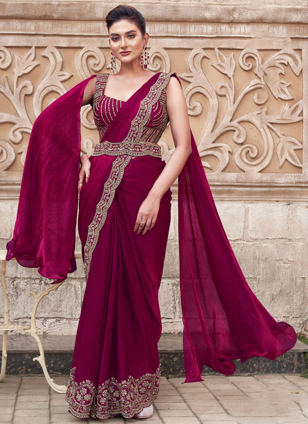 Fancy Work Satin Silk Hot Pink Saree S14518