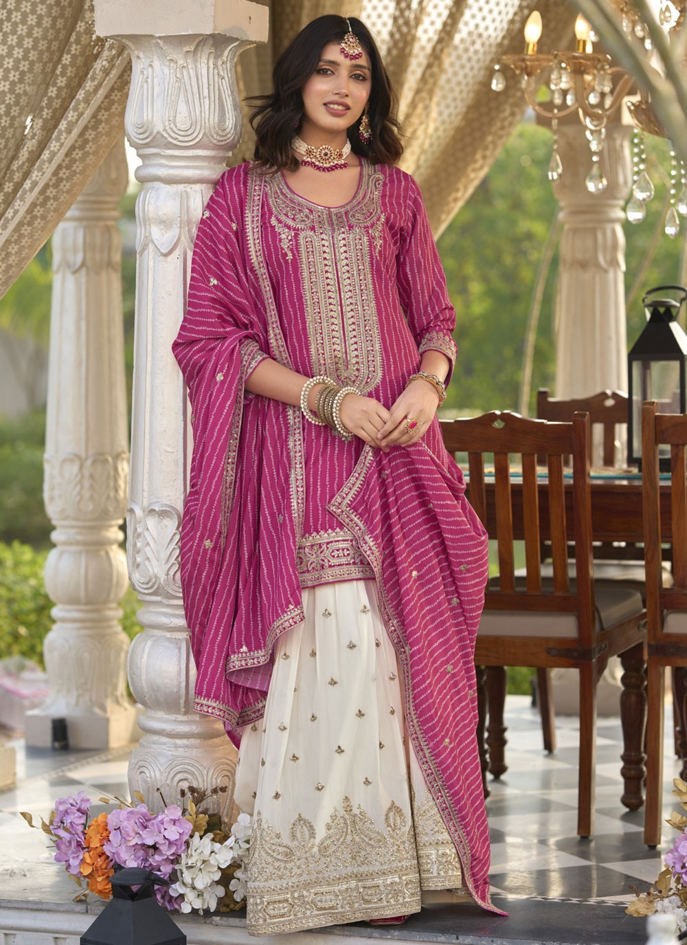 Sharara Suit Digital Print, Embroidered, Sequins, Zari Hot Pink T7799