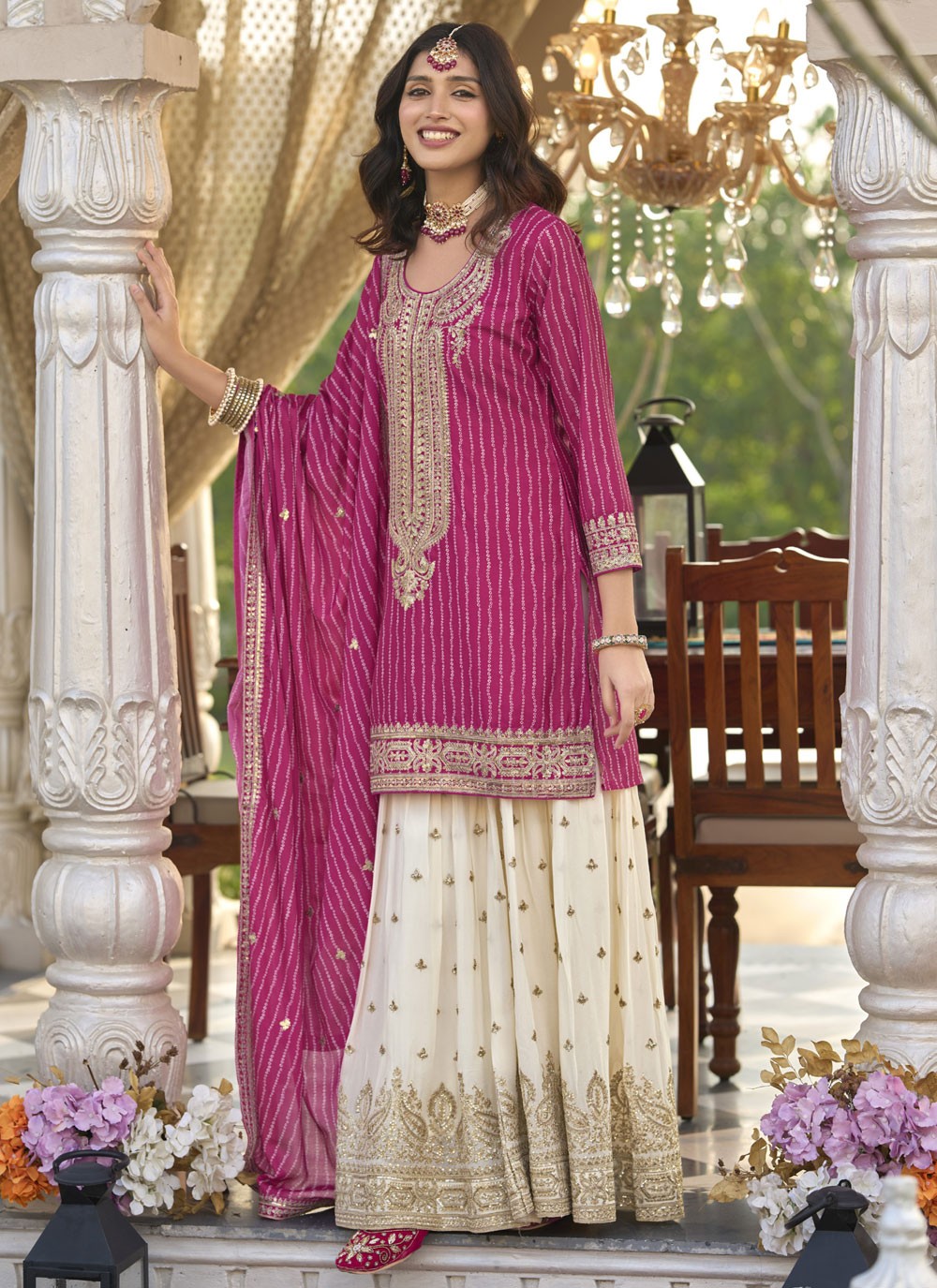 Sharara Suit Digital Print, Embroidered, Sequins, Zari Hot Pink T7799