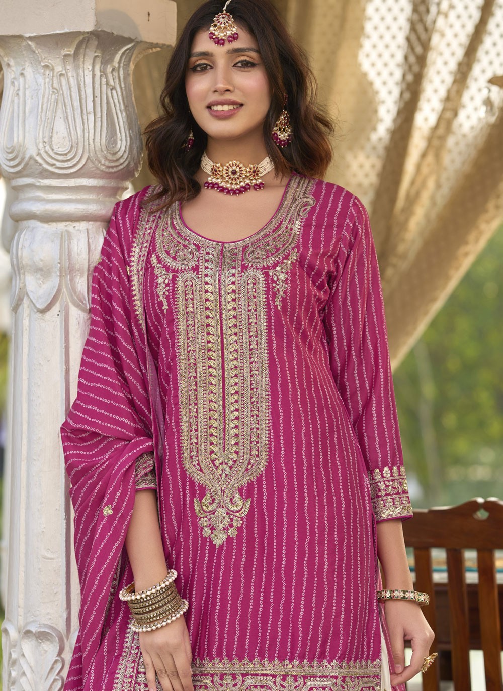 Sharara Suit Digital Print, Embroidered, Sequins, Zari Hot Pink T7799