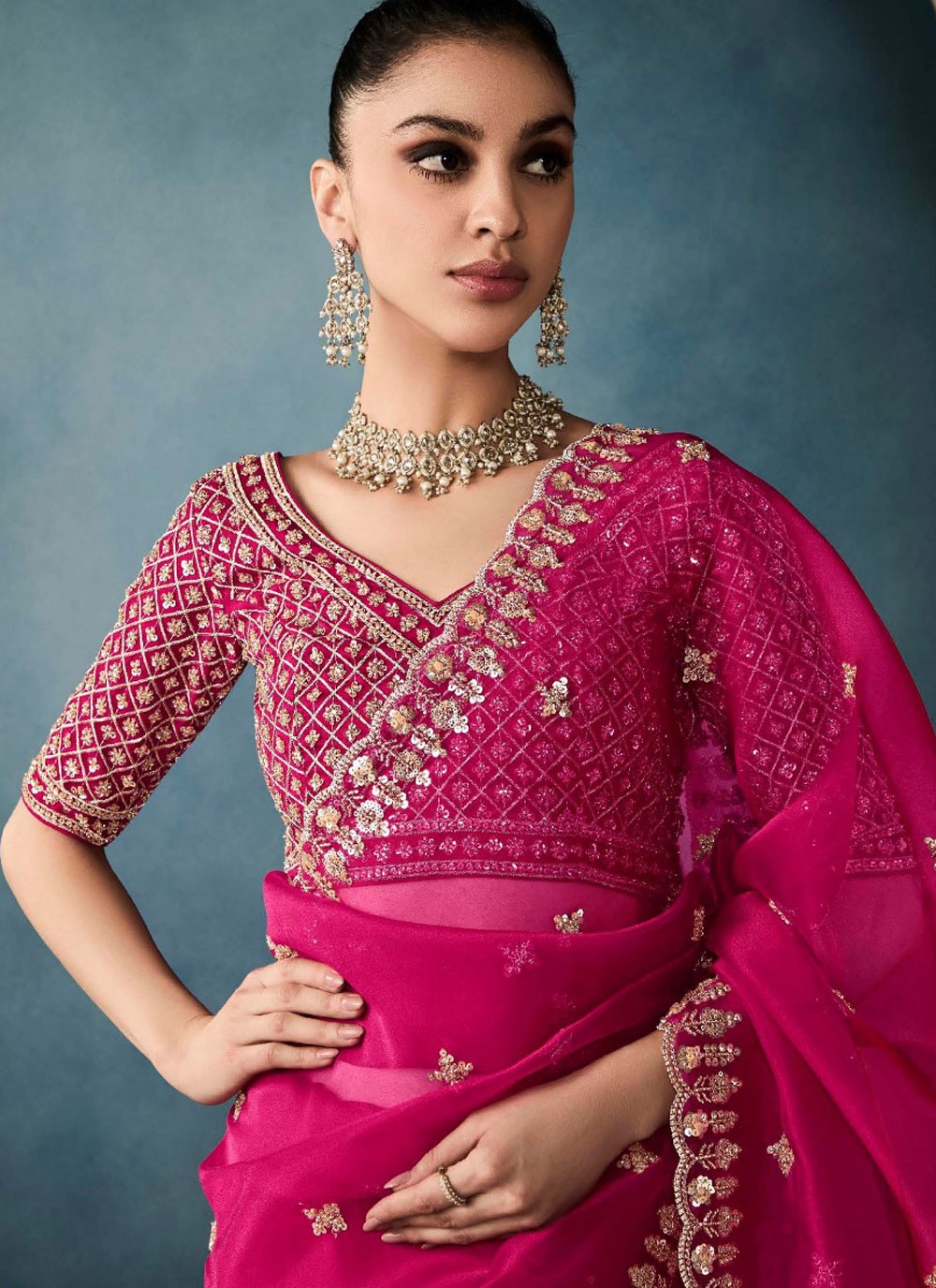 Cut Work Tissue Hot Pink Classic Saree S14866