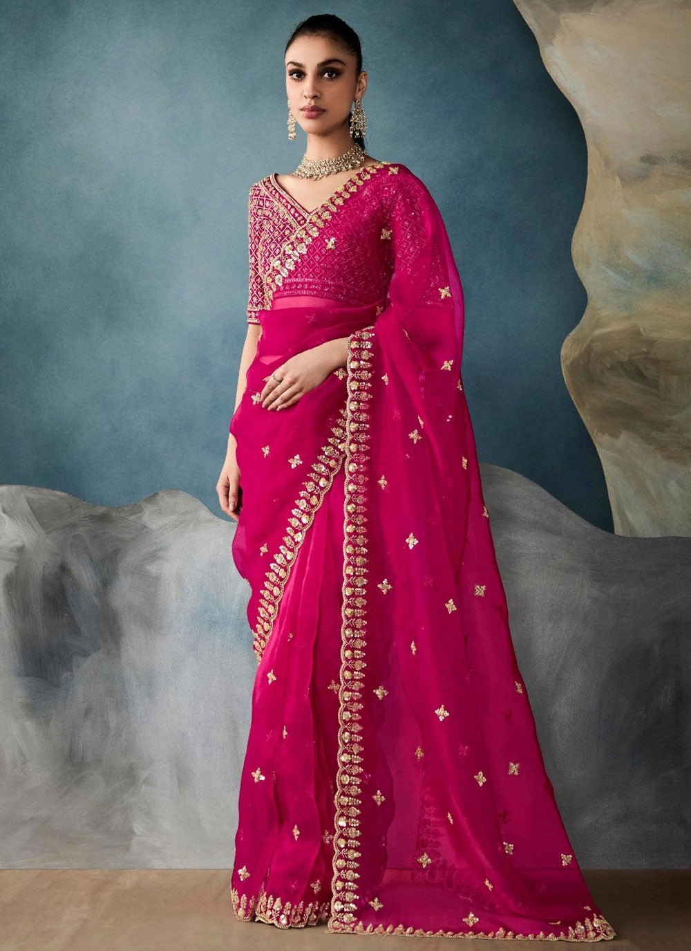 Cut Work Tissue Hot Pink Classic Saree S14866