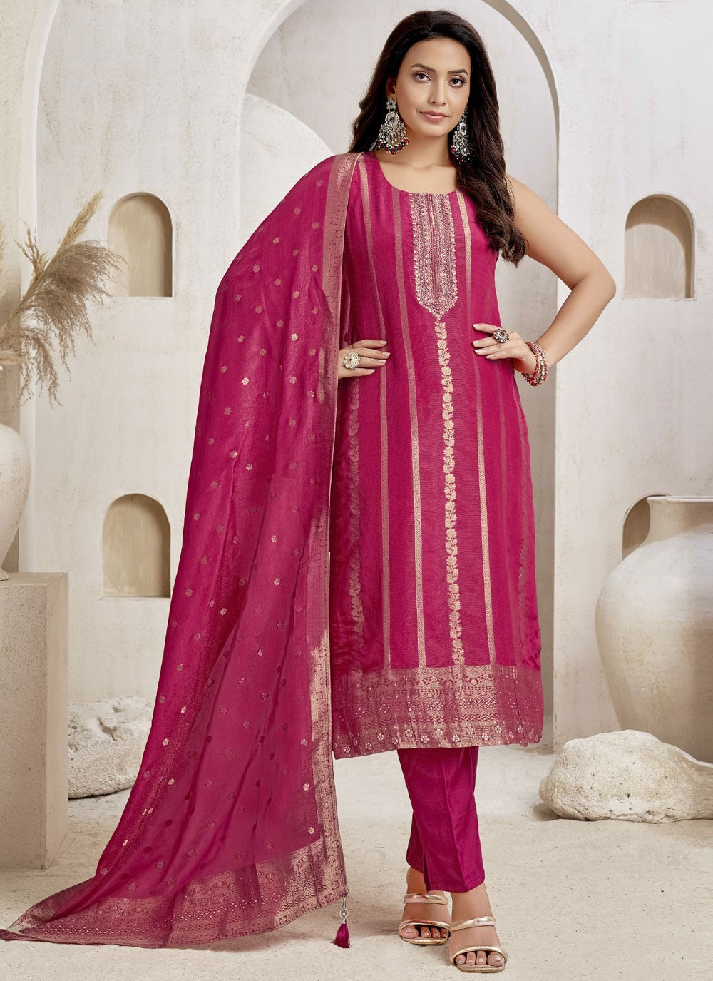 Pant Style Suit Embroidered, Jacquard Work Hot Pink T7616