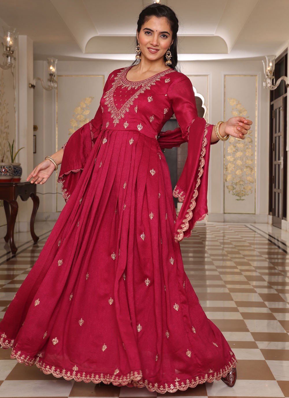 Embroidered Silk Hot Pink Salwar Suit T5980