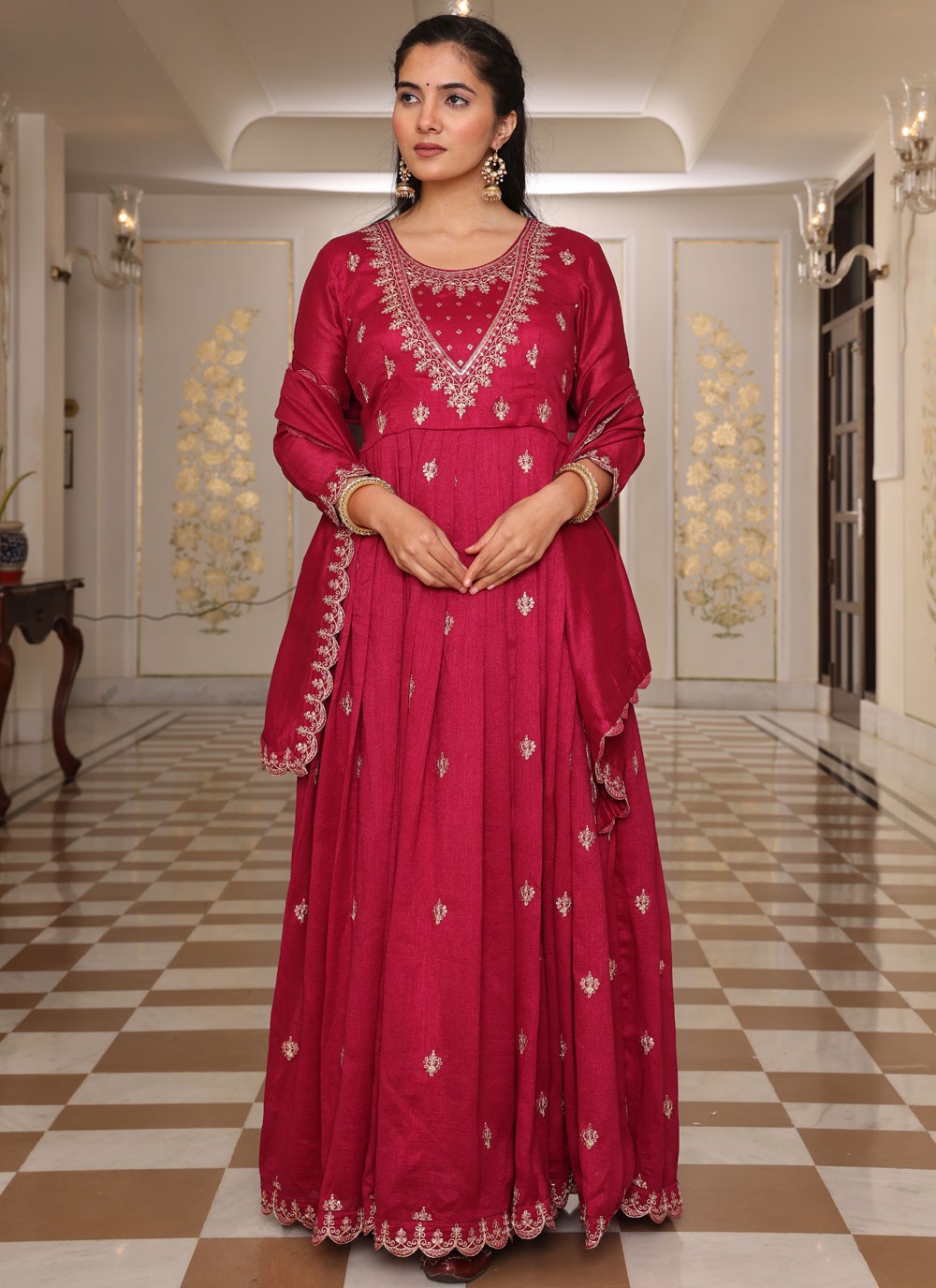 Embroidered Silk Hot Pink Salwar Suit T5980