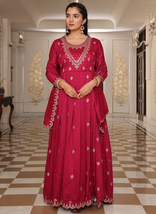 Embroidered Silk Hot Pink Salwar Suit T5980