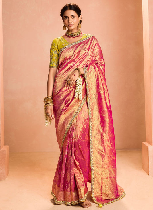 Trendy Saree Embroidered Hot Pink Silk S12842