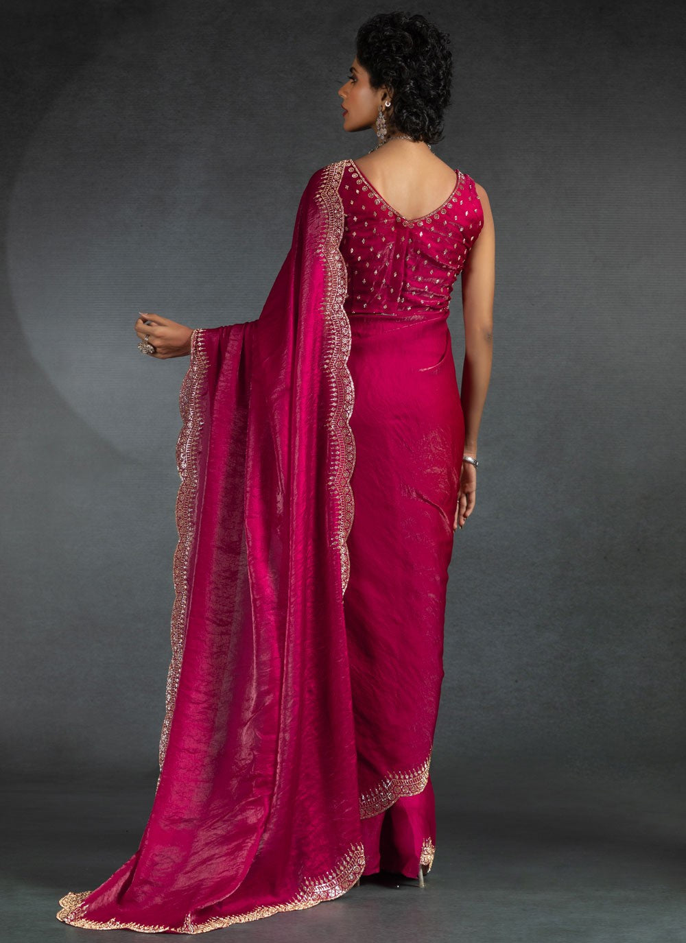 Border Work Satin Silk Hot Pink Contemporary Saree S14979