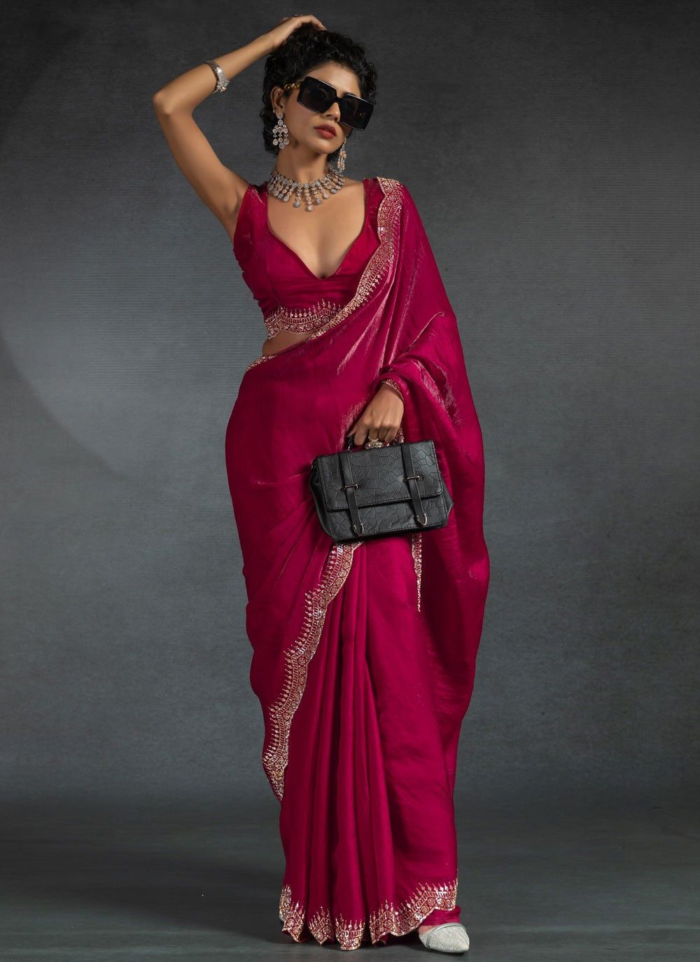 Border Work Satin Silk Hot Pink Contemporary Saree S14979