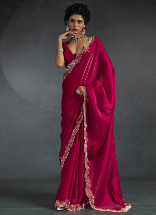 Border Work Satin Silk Hot Pink Contemporary Saree S14979