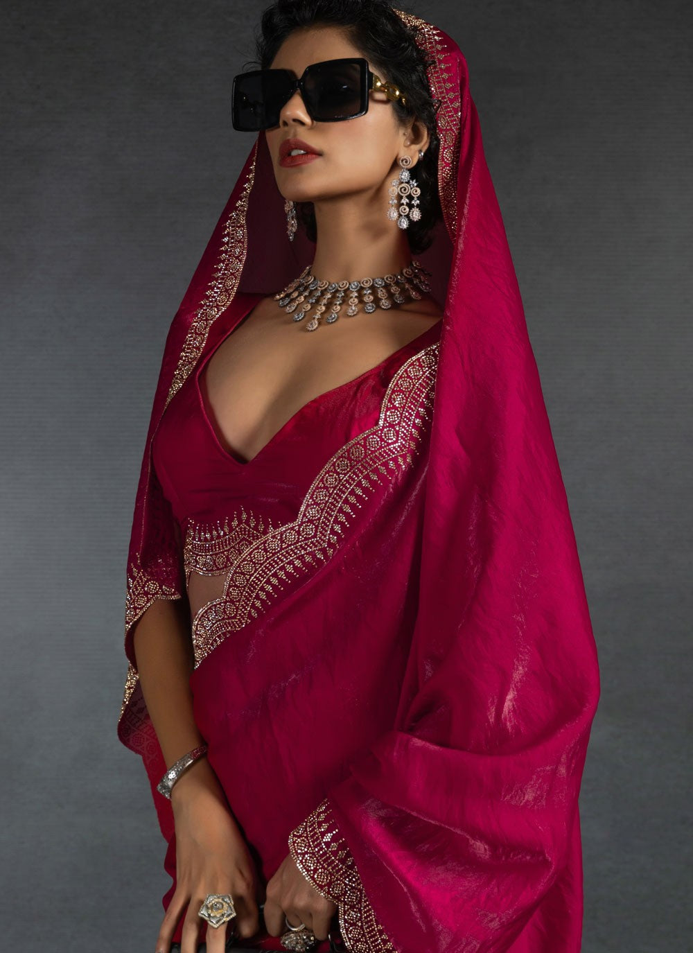 Border Work Satin Silk Hot Pink Contemporary Saree S14979
