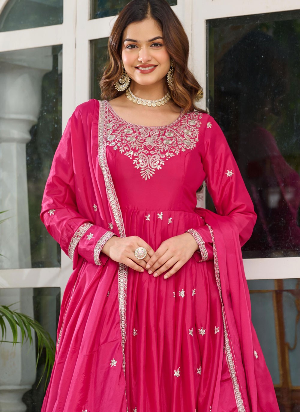 Anarkali Sequins, Thread Hot Pink T6963