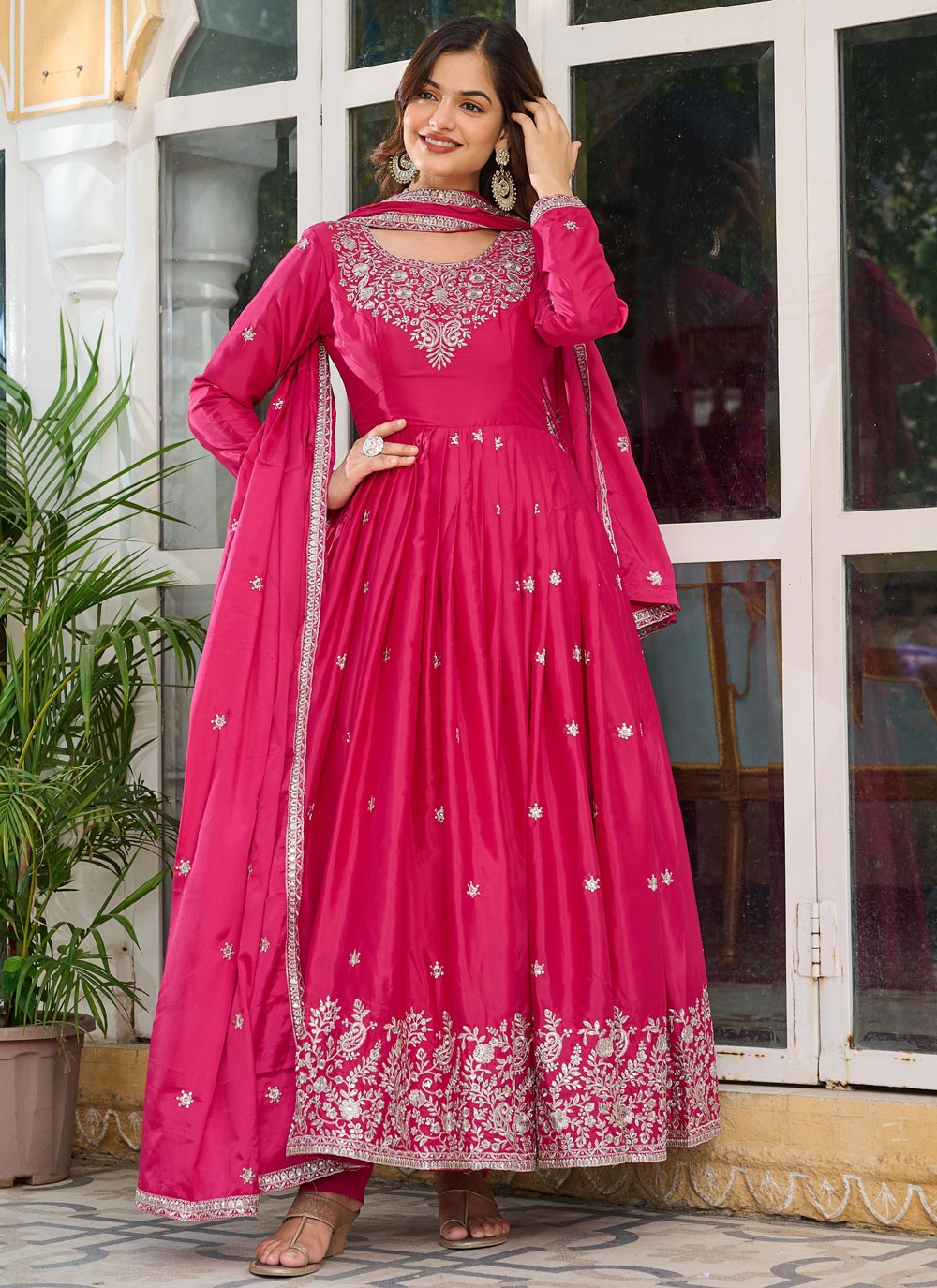 Anarkali Sequins, Thread Hot Pink T6963