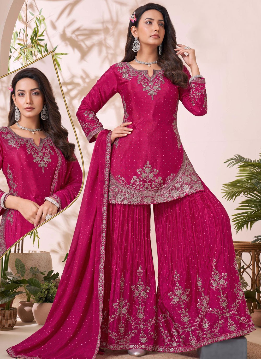Palazzo Suit Cutdana, Embroidered, Thread Hot Pink T7772