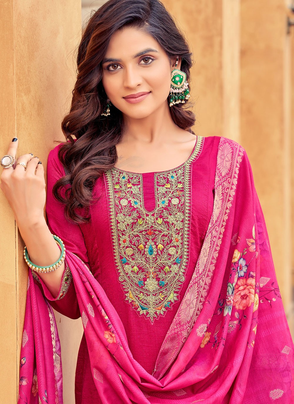 Embroidered Vichitra Silk Hot Pink Anarkali T6166