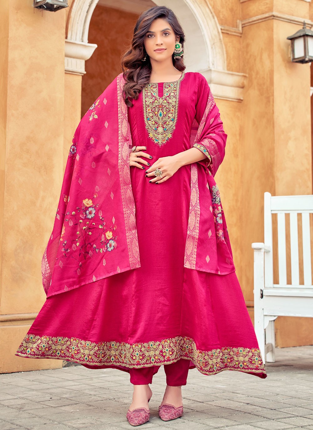 Embroidered Vichitra Silk Hot Pink Anarkali T6166