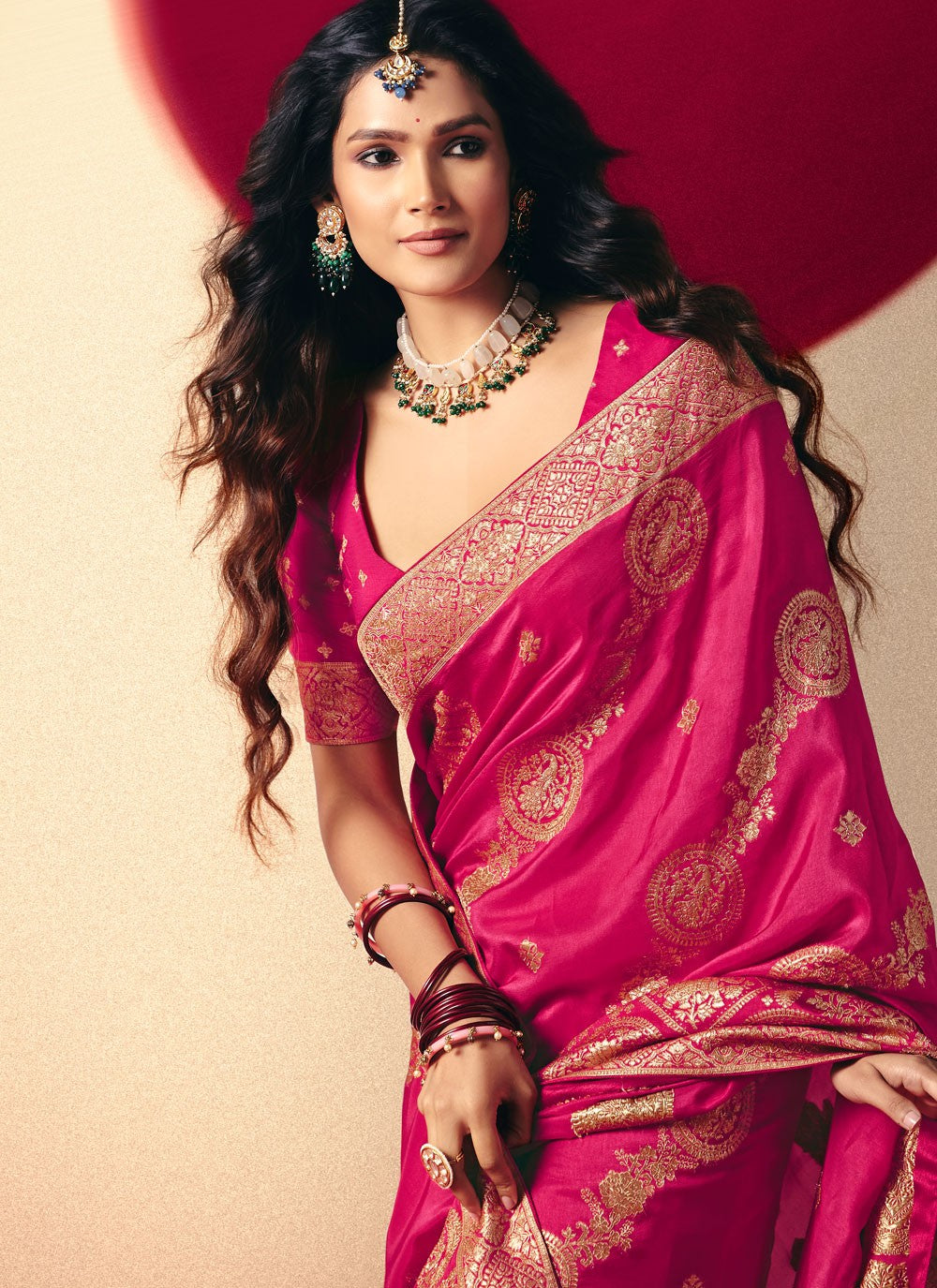 Hot Pink Viscose Contemporary Saree Weaving Zari S19414