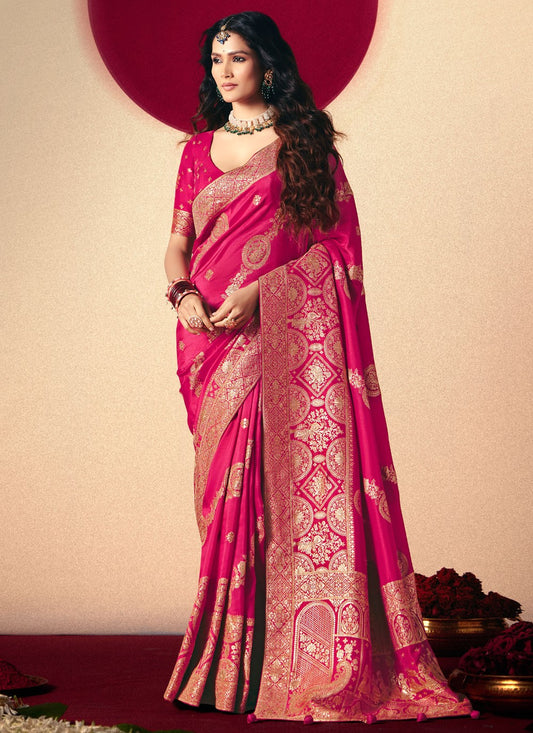 Hot Pink Viscose Contemporary Saree Weaving Zari S19414