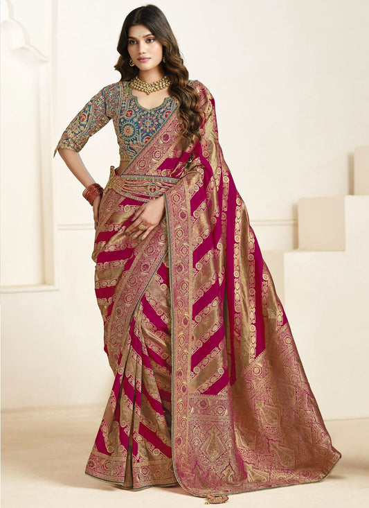 Border Work Silk Hot Pink Contemporary Saree S15452