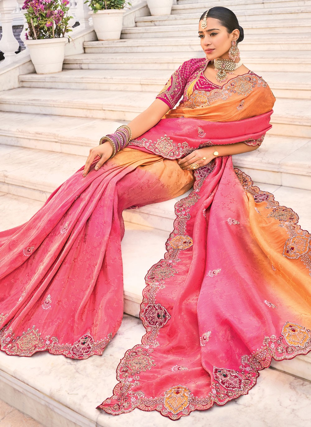 Cut Work Crepe Jacquard Hot Pink Saree S14300