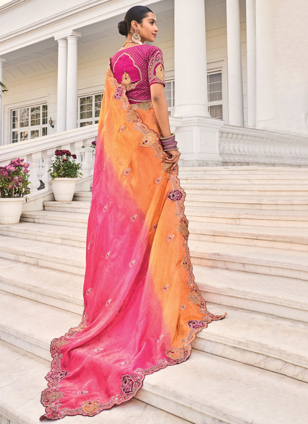 Cut Work Crepe Jacquard Hot Pink Saree S14300