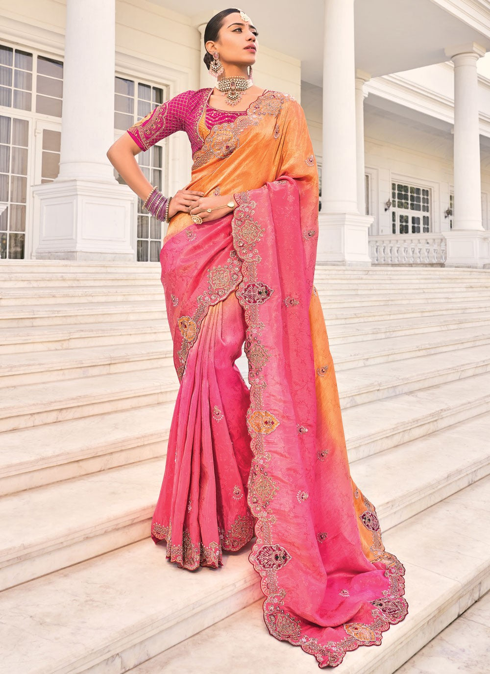 Cut Work Crepe Jacquard Hot Pink Saree S14300