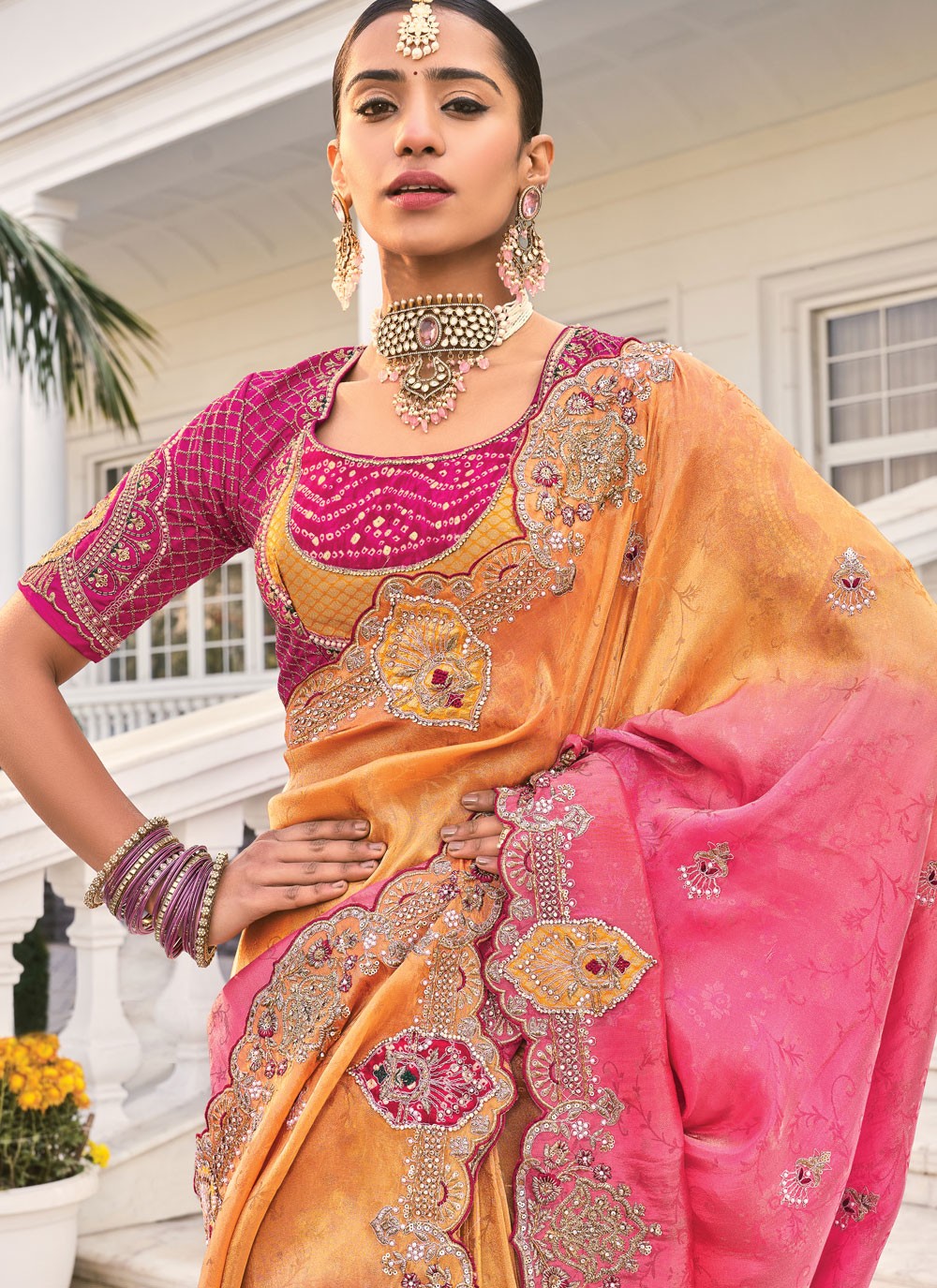 Cut Work Crepe Jacquard Hot Pink Saree S14300