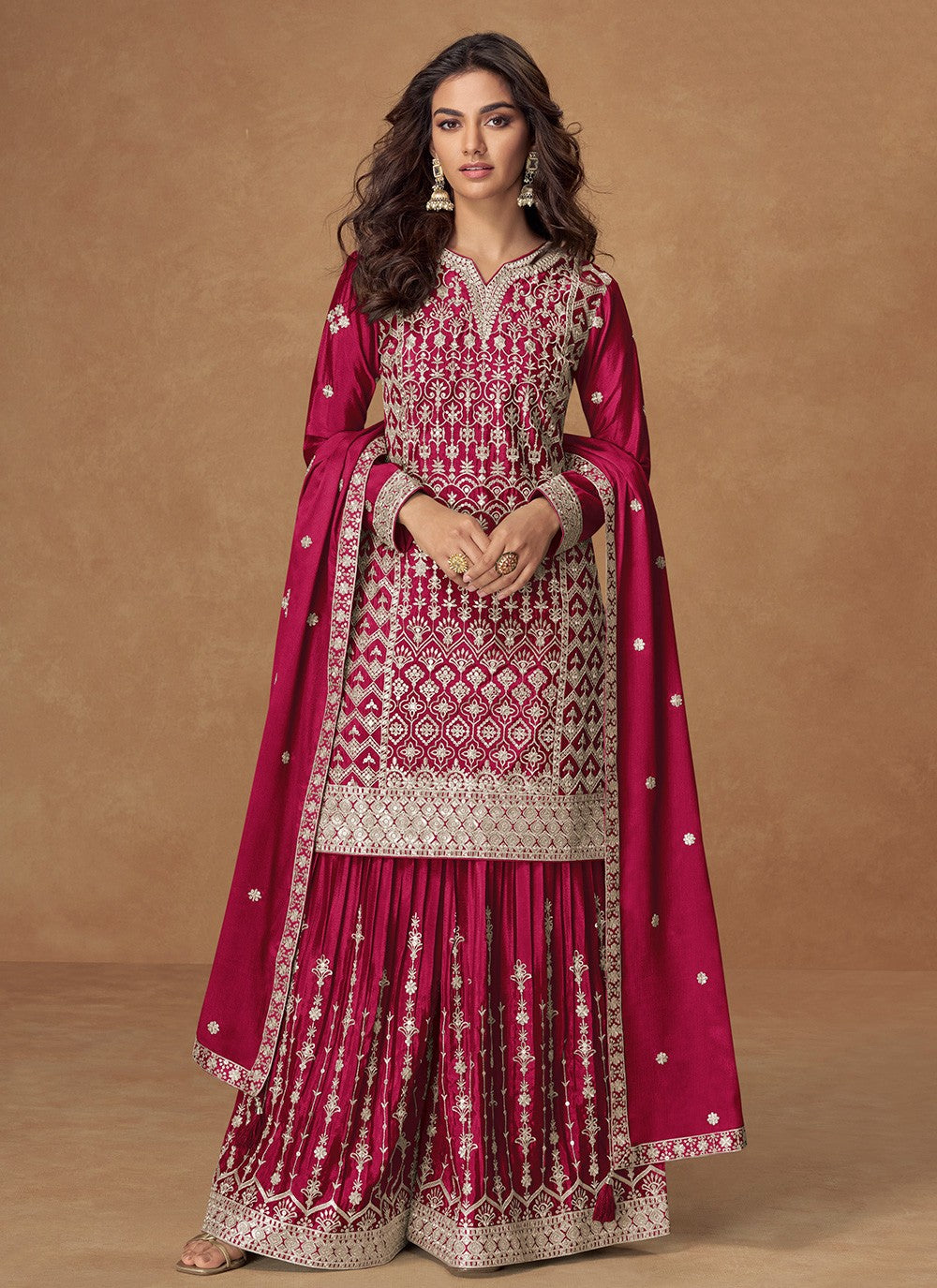 Sharara Suit Embroidered, Zari Hot Pink T8060