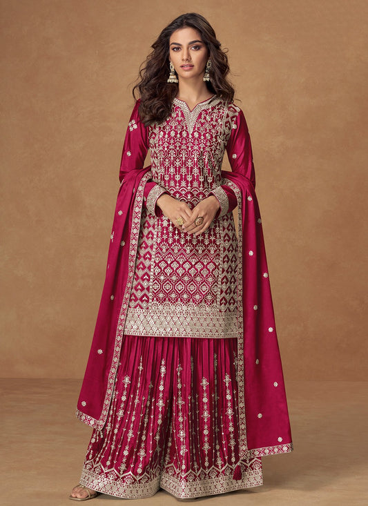 Sharara Suit Embroidered, Zari Hot Pink T8060