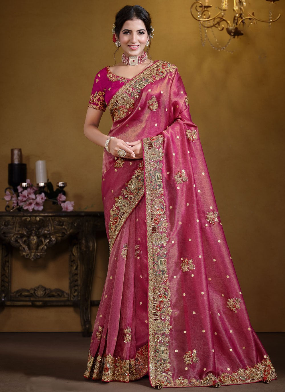 Classic Saree Embroidered Hot Pink Organza S12631