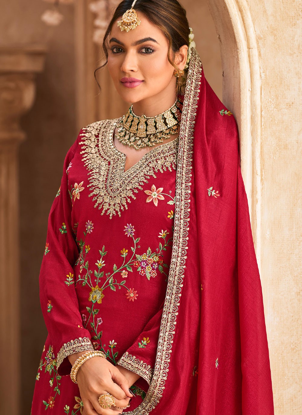Salwar Suit Embroidered Hot Pink Chinon T5493