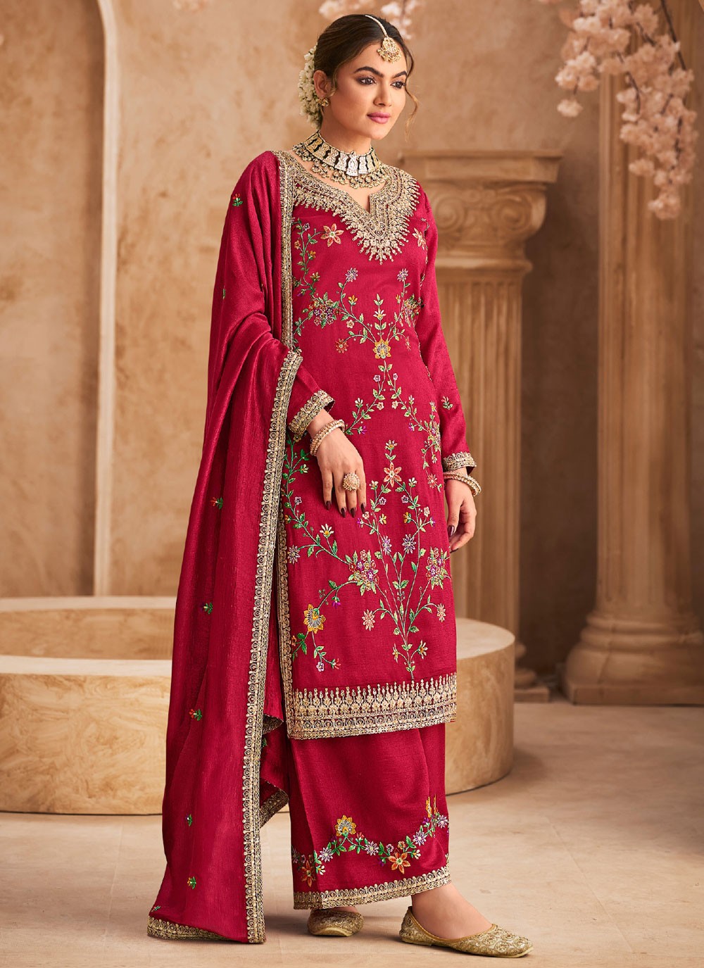 Salwar Suit Embroidered Hot Pink Chinon T5493