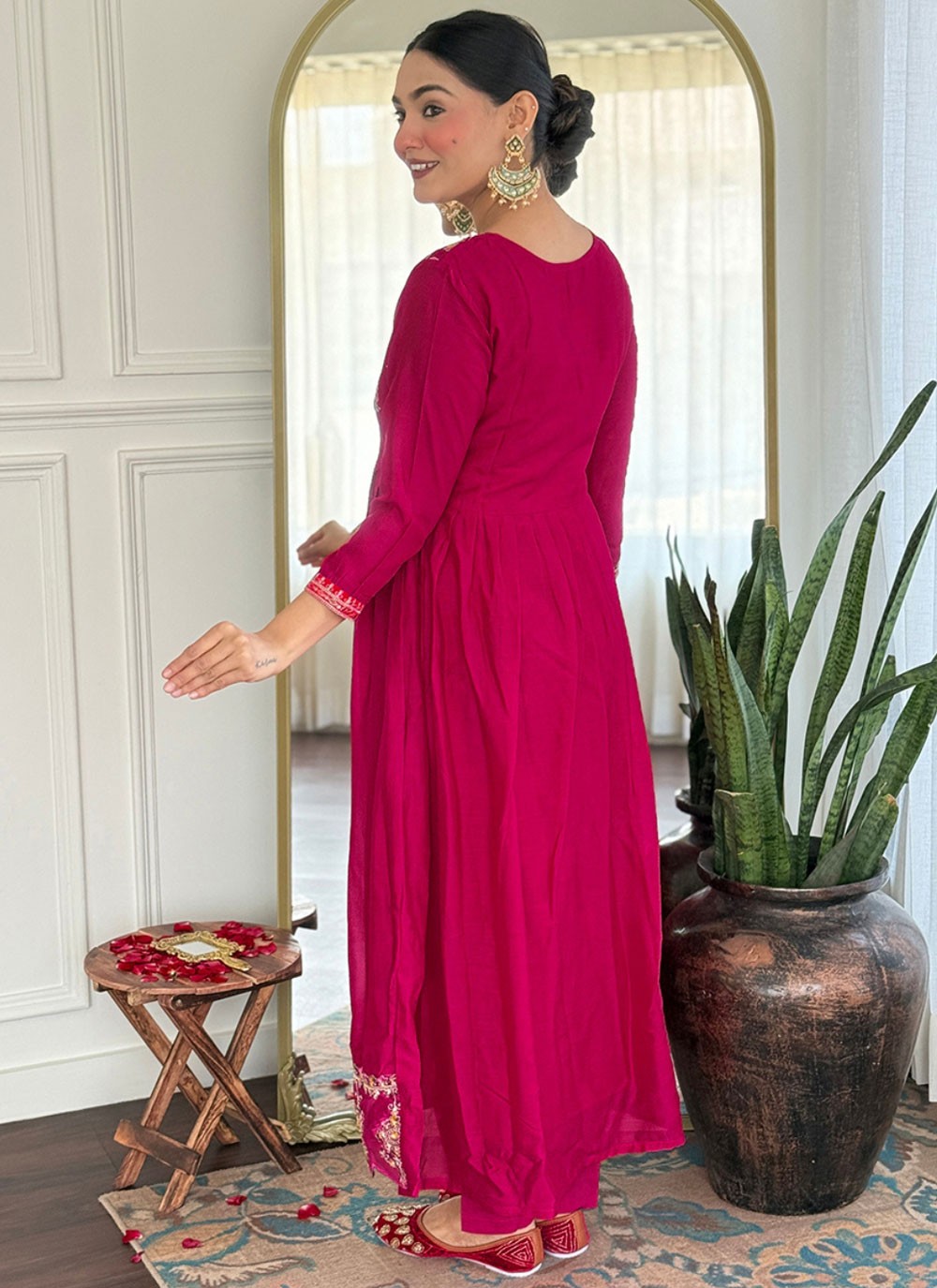Pant Style Suit Embroidered, Zari Hot Pink T8079