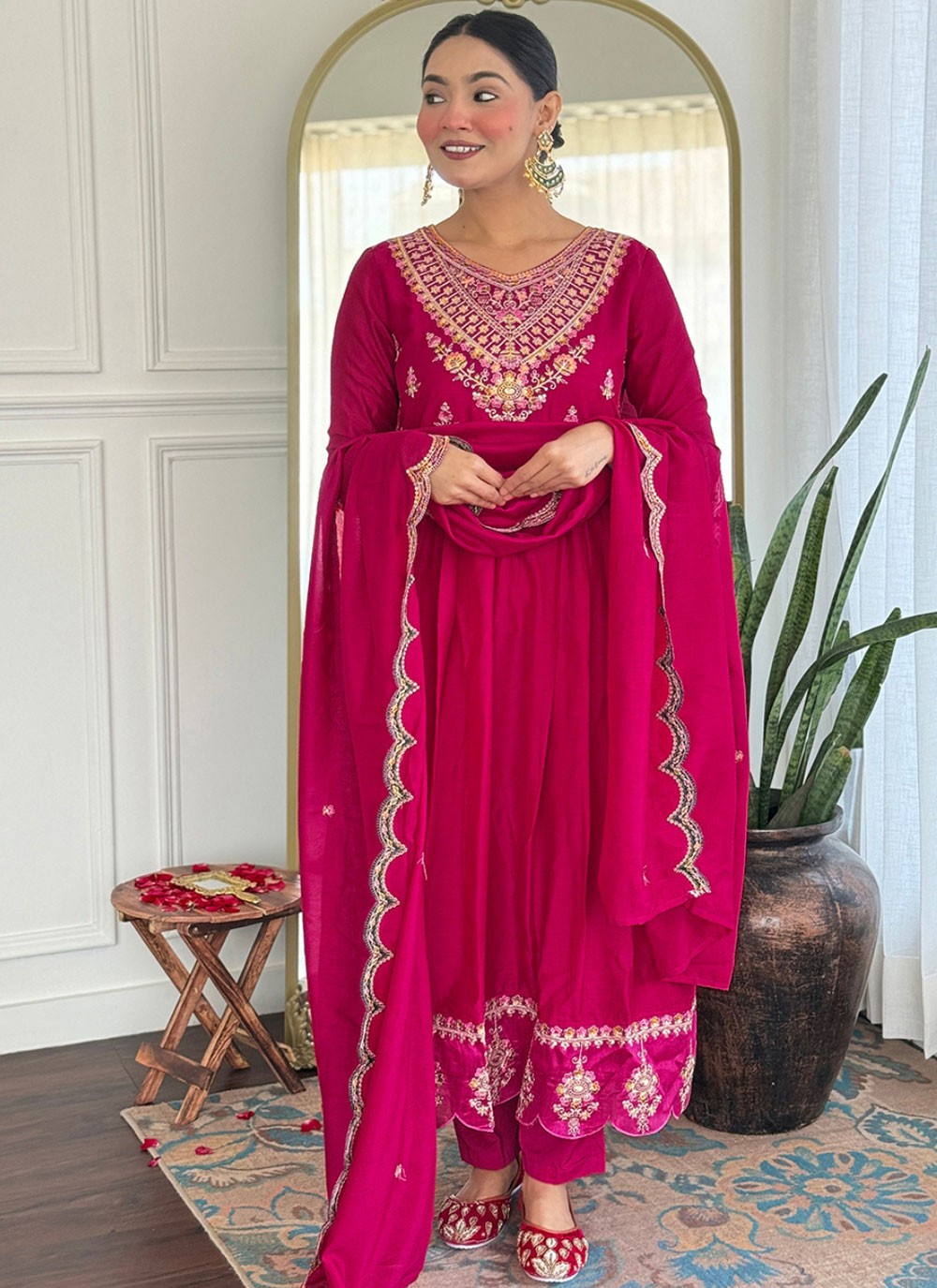 Pant Style Suit Embroidered, Zari Hot Pink T8079