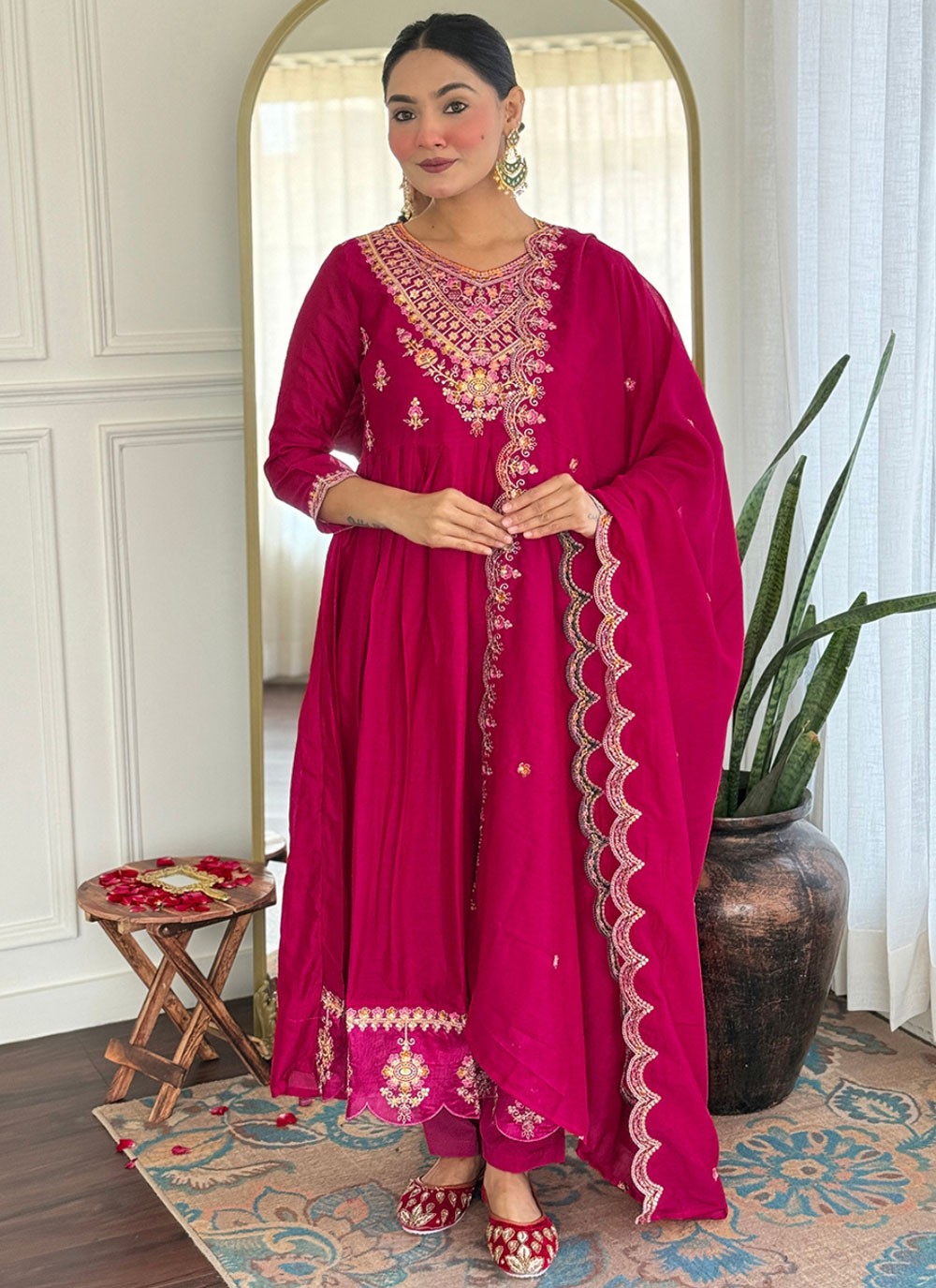 Pant Style Suit Embroidered, Zari Hot Pink T8079