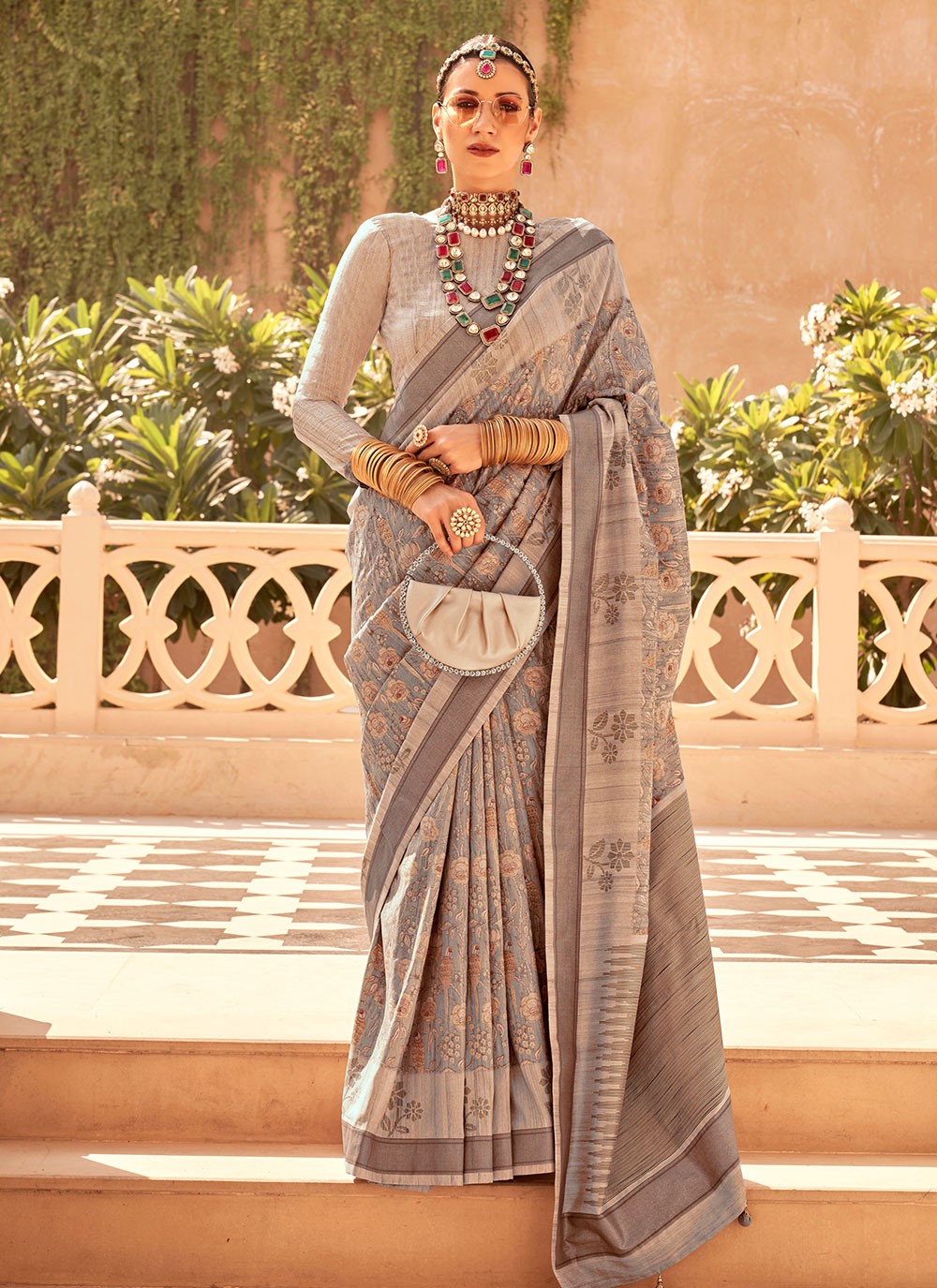 Classic Foliage Prints Raw Silk Saree - S7204