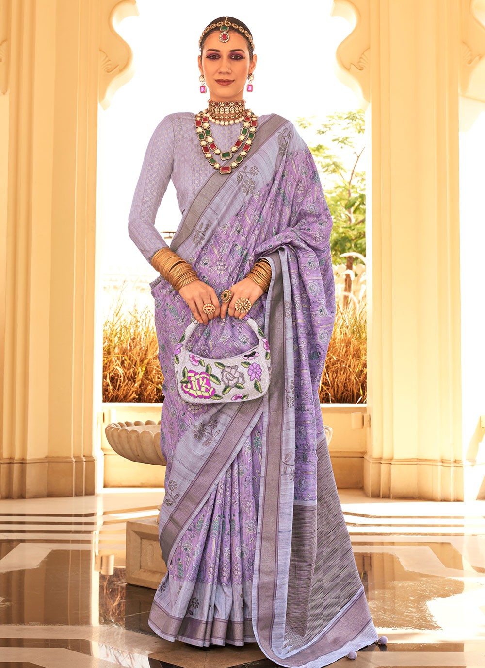 Classic Foliage Prints Raw Silk Saree - S7204