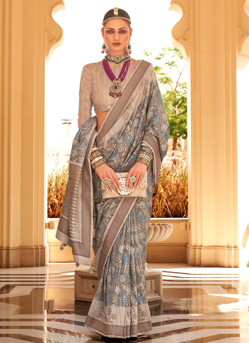 Classic Foliage Prints Raw Silk Saree - S7204