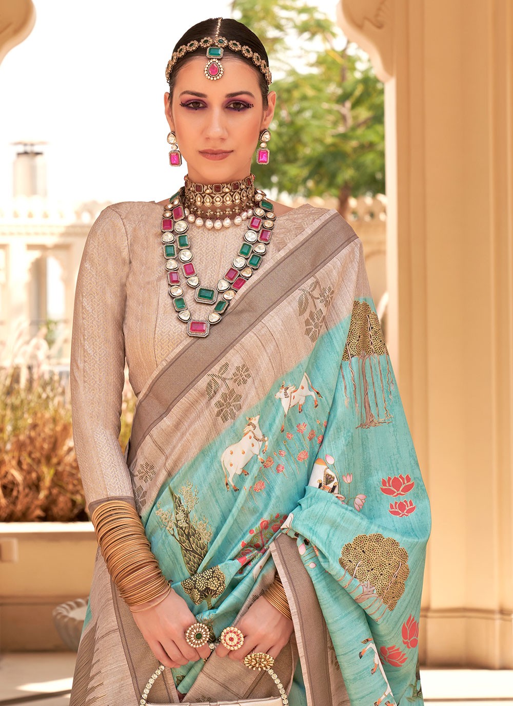 Classic Foliage Prints Raw Silk Saree - S7204