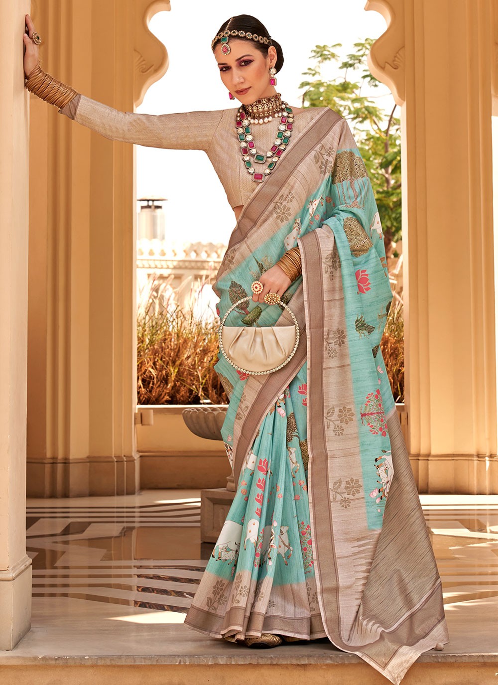 Classic Foliage Prints Raw Silk Saree - S7204