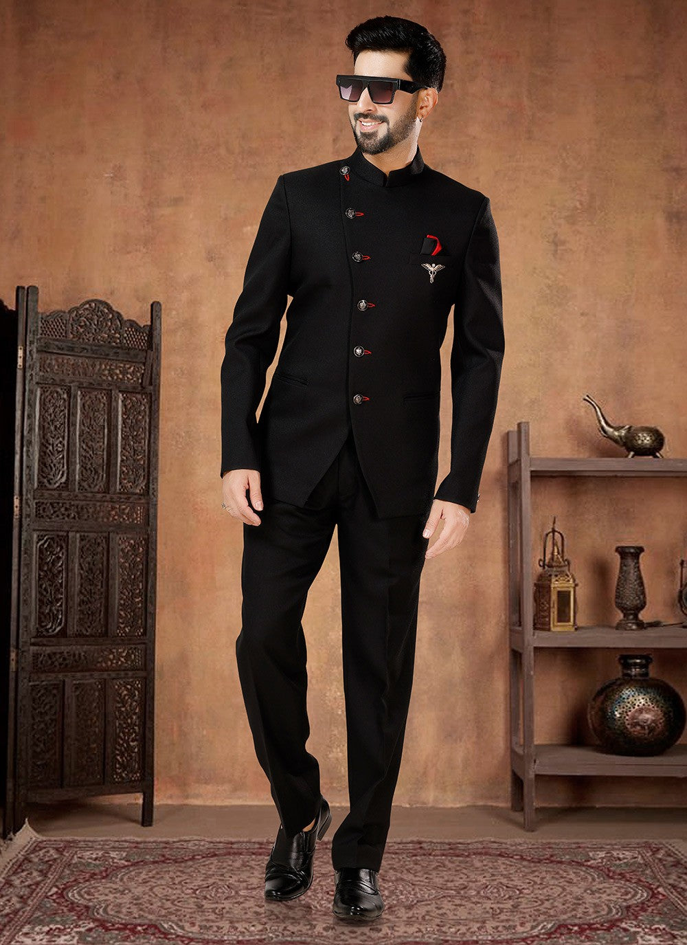 Buttons Rayon Black Jodhpuri Suit - M7069