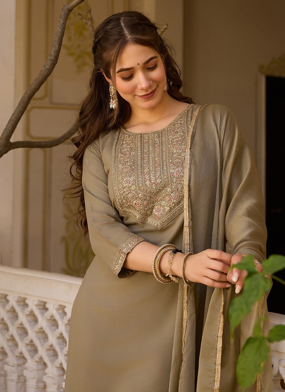 Pant Style Suit Embroidered Brown T6994