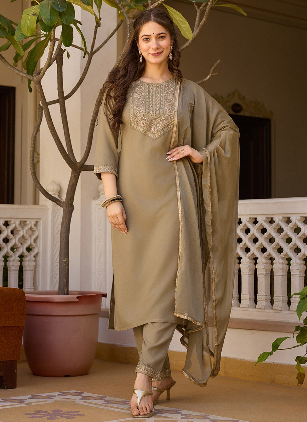 Pant Style Suit Embroidered Brown T6994