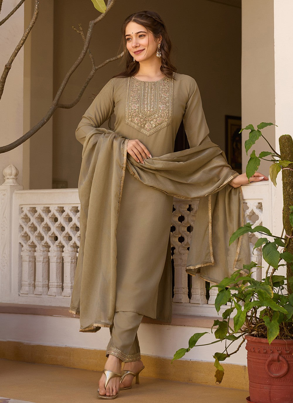 Pant Style Suit Embroidered Brown T6994