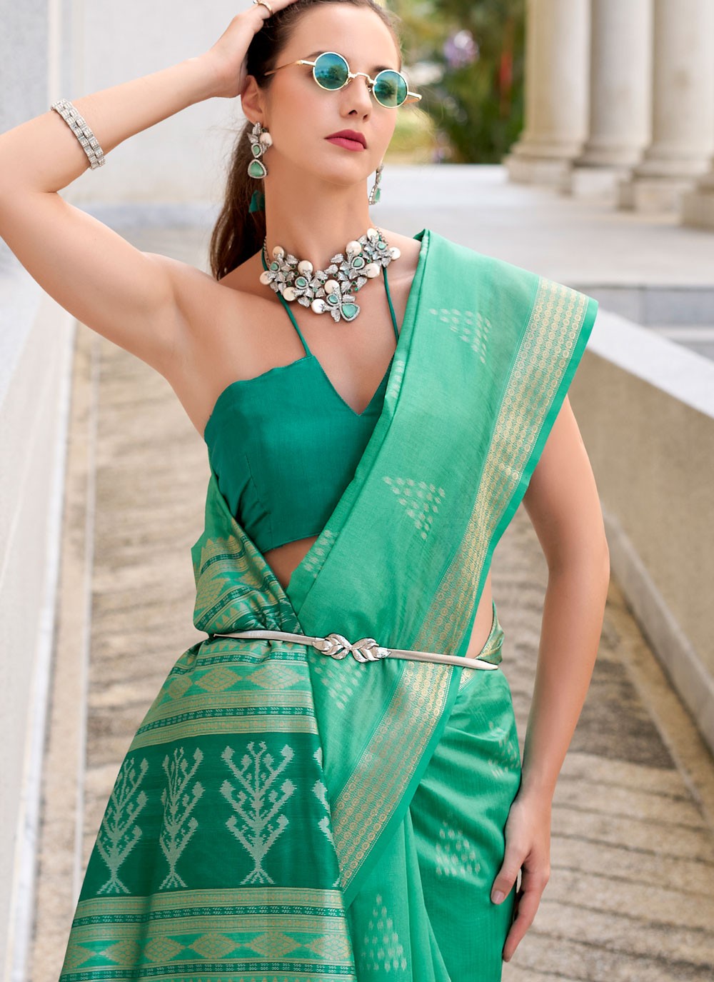 Designer Weaving Zari Green, Turquoise Rayon S12622